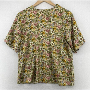 DISTINCTION Blouse Womens 10 Floral Button Shoulder Short Sleeve Green USA Vtg